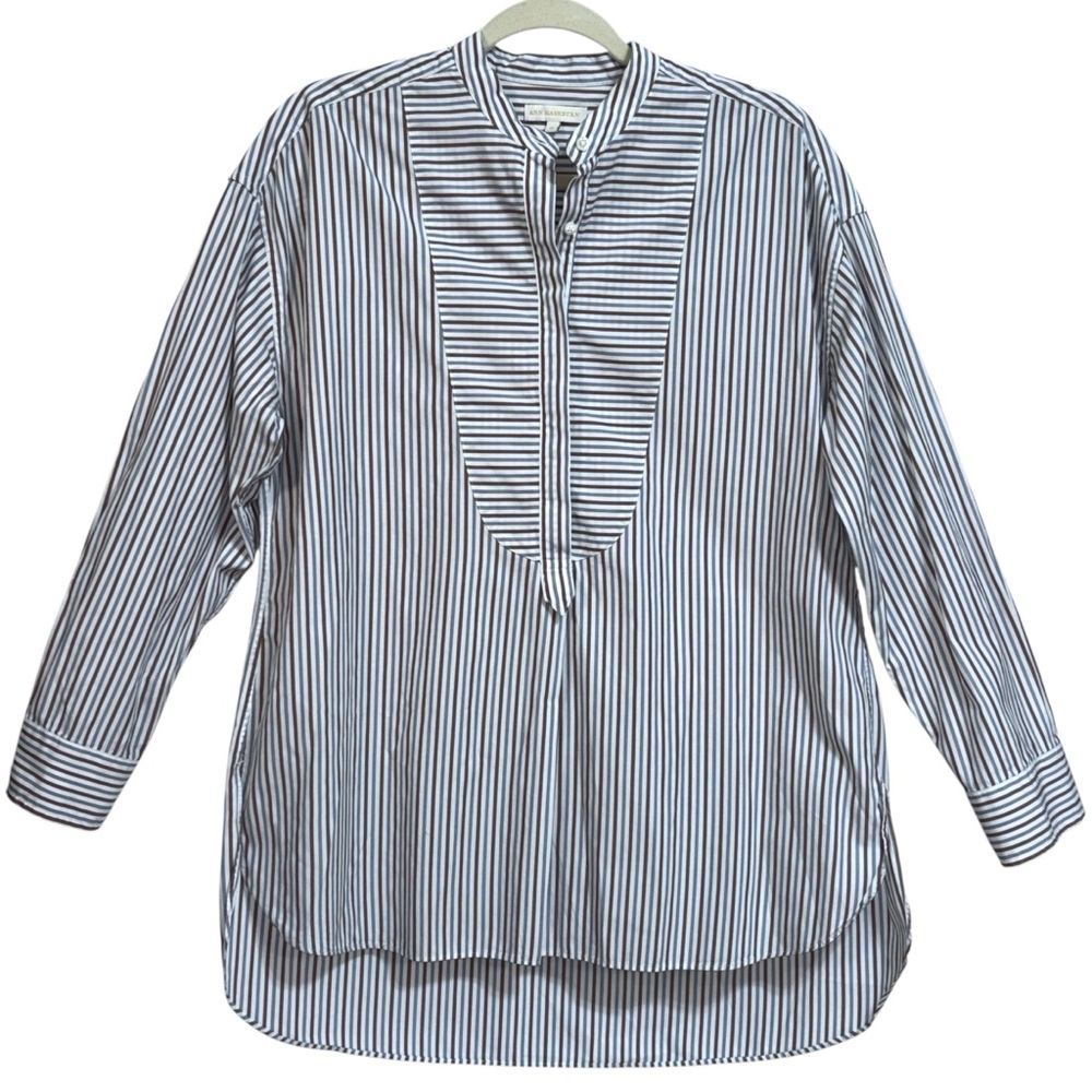 Ann Mashburn Christiane Bib Front Stripe Poplin Tunic Brown Navy White M
